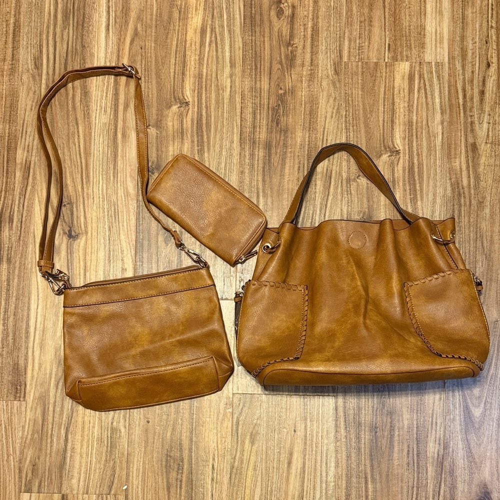 Boutique women’s purse shoulder bag wallet crossbody set tan brown vegan leather